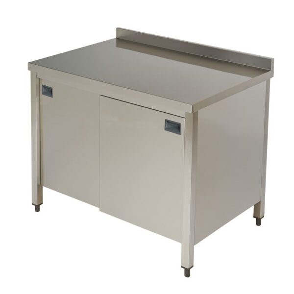 Masa inox cu dulap, usi glisante si rebord 2000x700x850 mm